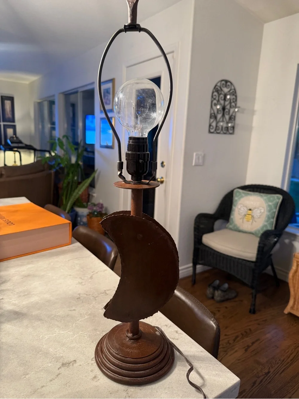 Rustic wrought iron metal industrial folk art Crescent Moon celestial table Lamp